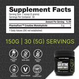 Información del suplemento de NutraBio creatina monohidratada de 150 g con 30 porciones
