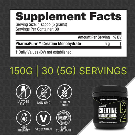 Información del suplemento de NutraBio creatina monohidratada de 150 g con 30 porciones