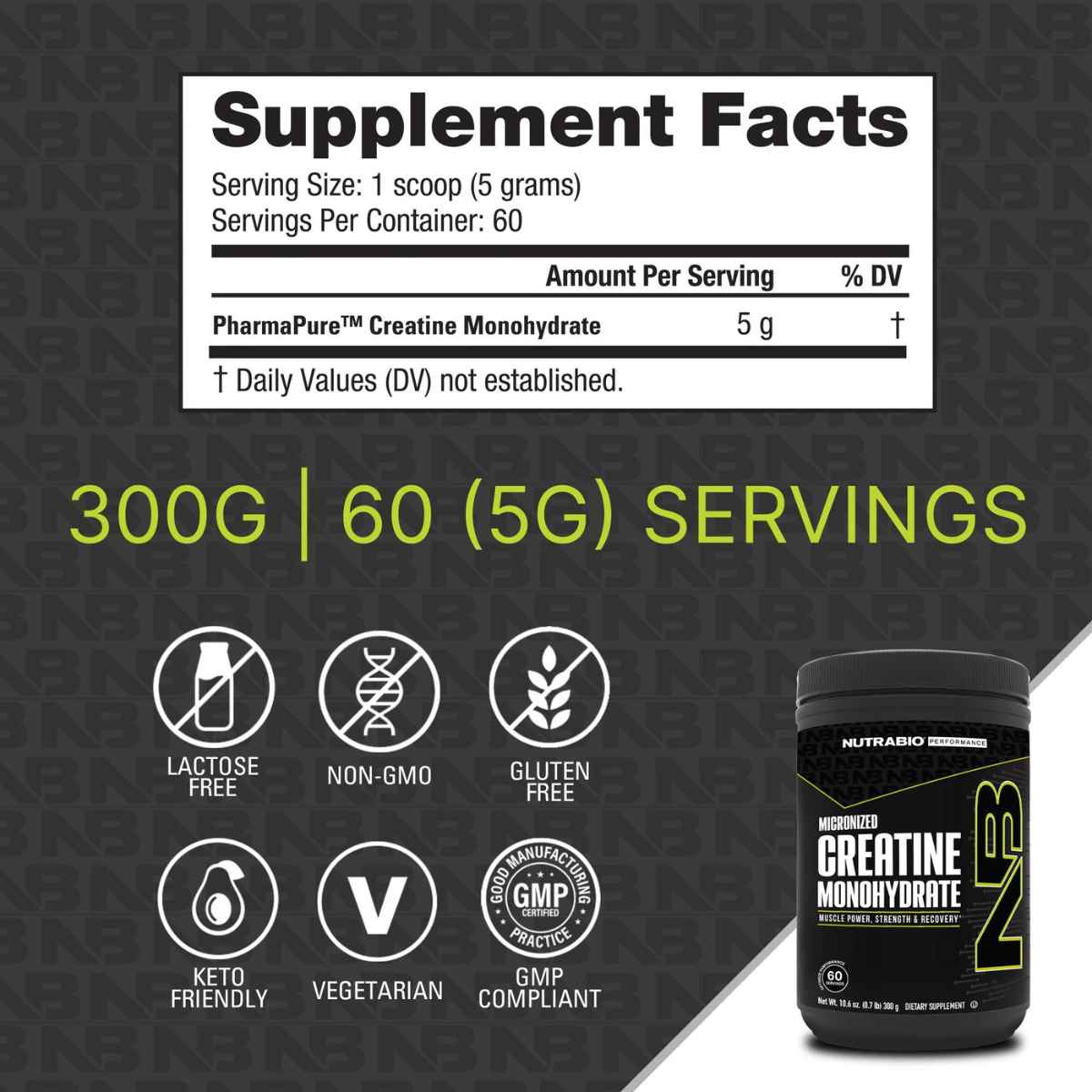 Información del suplemento de NutraBio creatina monohidratada de 300 g con 60 porciones