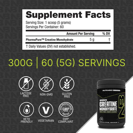 Información del suplemento de NutraBio creatina monohidratada de 300 g con 60 porciones