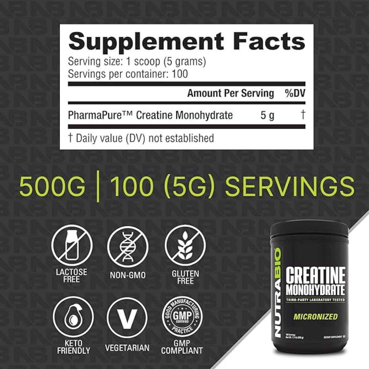 Información del suplemento de NutraBio creatina monohidratada de 500 g con 100 porciones