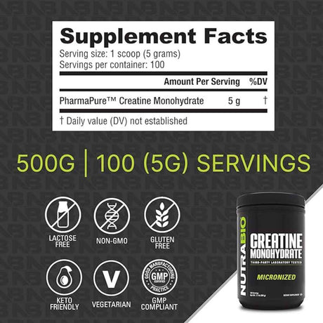 Información del suplemento de NutraBio creatina monohidratada de 500 g con 100 porciones
