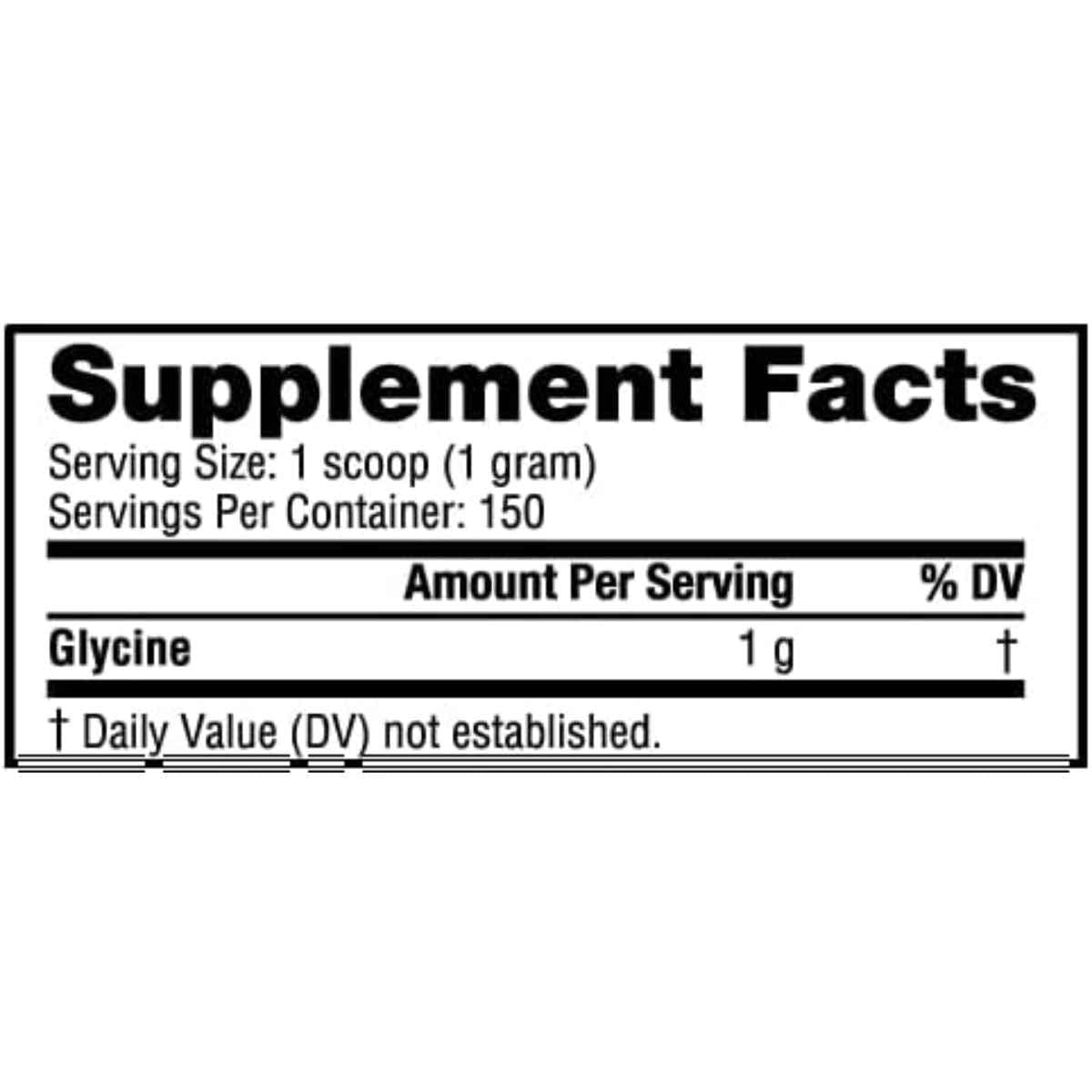 Tabla nutricional del suplemento NutraBio Glicina 150 g