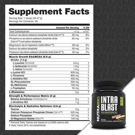 Tabla nutricional del suplemento NutraBio Intra Blast Aminoácidos Intra-Entreno sabor Bomba de Fresa y Limón 734 g