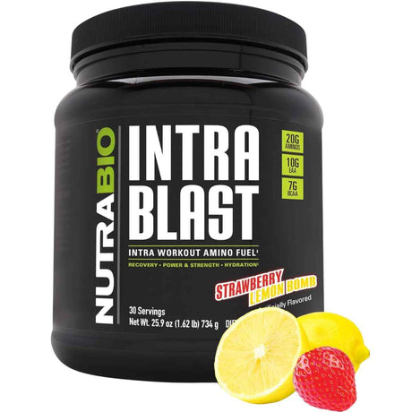 Frasco de suplemento NutraBio Intra Blast Aminoácidos Intra-Entreno sabor Bomba de Fresa y Limón 734 g