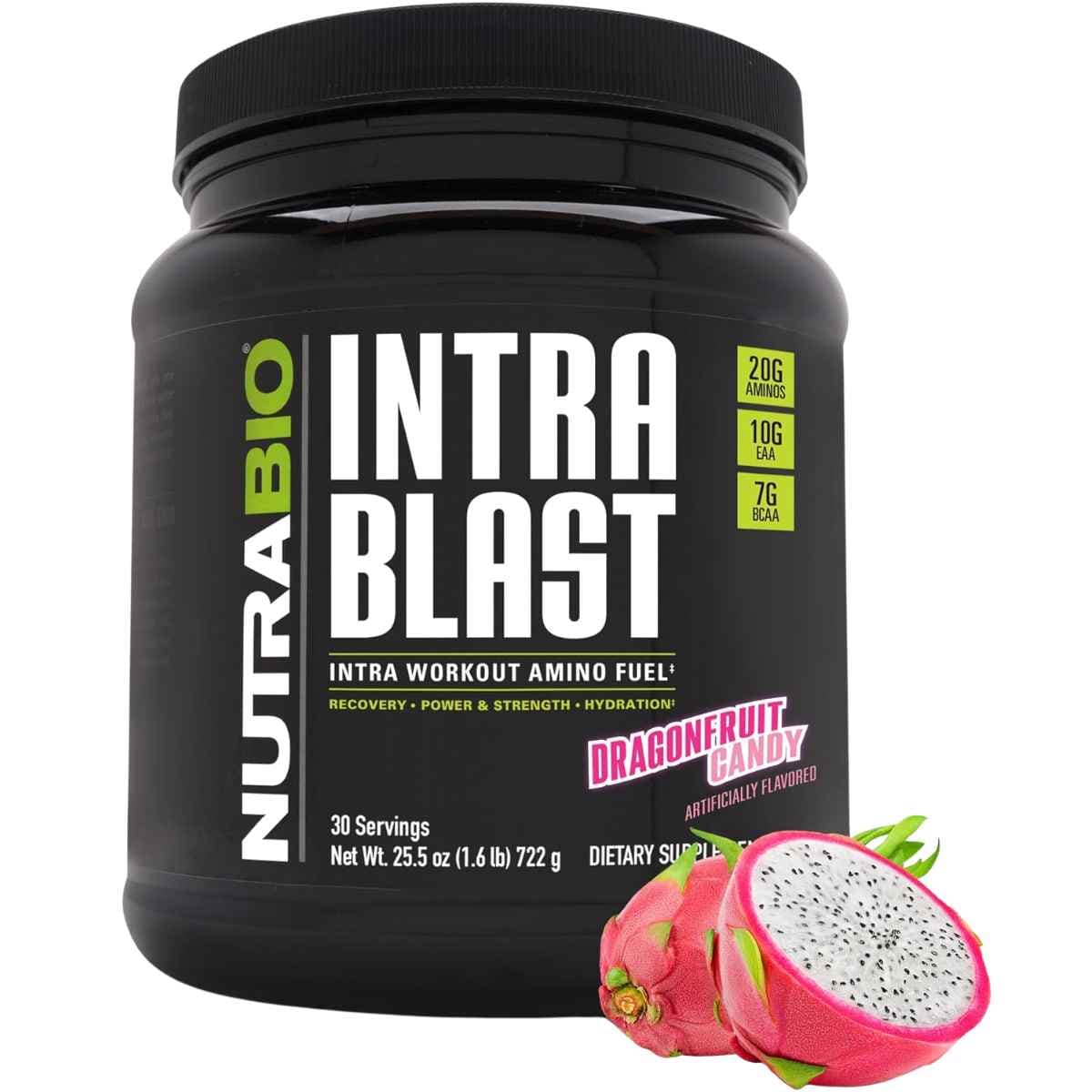 Frasco de suplemento NutraBio Intra Blast Aminoácidos Intra-Entreno sabor Caramelo de Fruta del Dragón 722 g