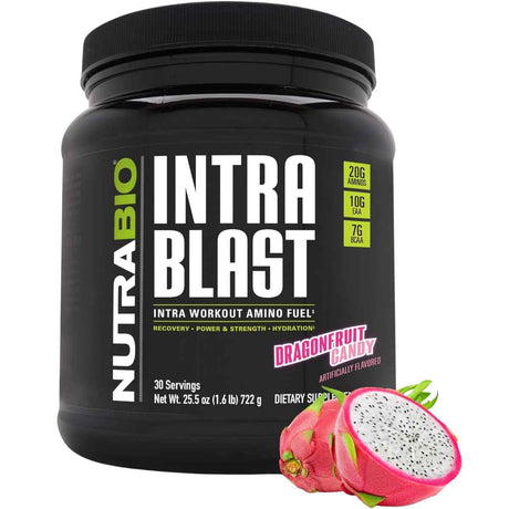 Frasco de suplemento NutraBio Intra Blast Aminoácidos Intra-Entreno sabor Caramelo de Fruta del Dragón 722 g