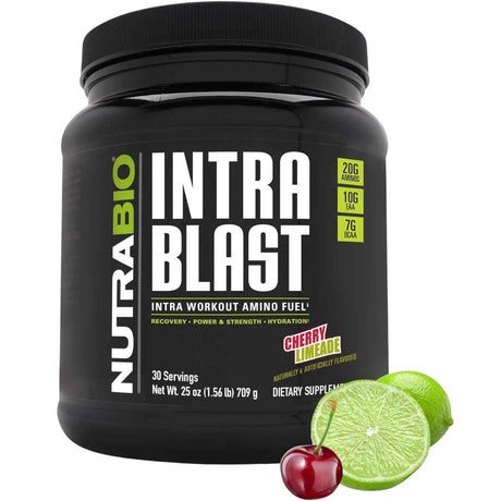 Frasco de suplemento NutraBio Intra Blast Aminoácidos Intra-Entreno sabor Cereza Limonada 709 g