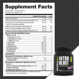 Tabla nutricional del suplemento NutraBio Intra Blast Aminoácidos Intra-Entreno sabor Explosión de Uva y Bayas 716 g