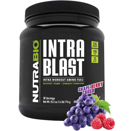 Frasco de suplemento NutraBio Intra Blast Aminoácidos Intra-Entreno sabor Explosión de Uva y Bayas 716 g
