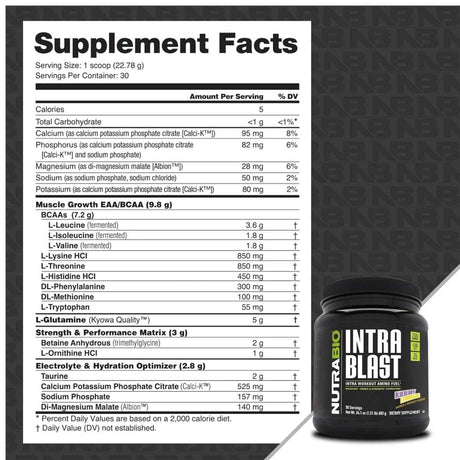 Tabla nutricional del suplemento NutraBio Intra Blast Aminoácidos Intra-Entreno sabor Limonada de Arándanos Azules 683 g