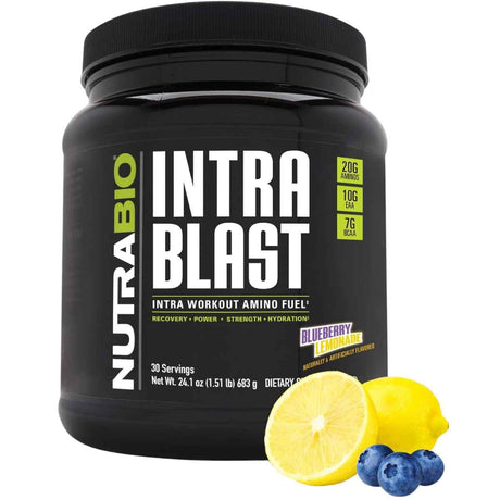 Frasco de suplemento NutraBio Intra Blast Aminoácidos Intra-Entreno sabor Limonada de Arándanos Azules 683 g