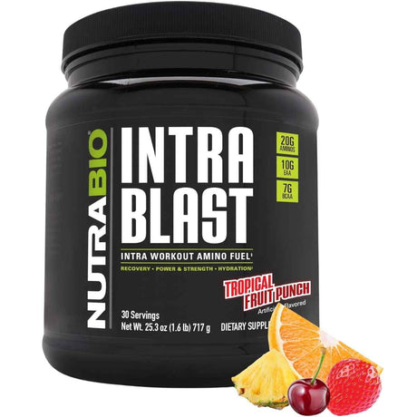 Frasco de suplemento NutraBio Intra Blast Aminoácidos Intra-Entreno sabor Ponche de Frutas Tropicales 717 g