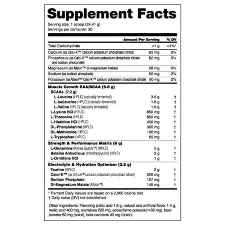 Tabla nutricional del suplemento NutraBio Intra Blast Aminoácidos Intra-Entreno sabor Ponche de Nueva York 732 g