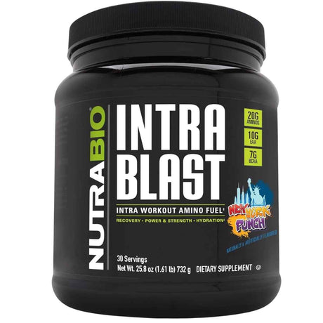 Frasco de suplemento NutraBio Intra Blast Aminoácidos Intra-Entreno sabor Ponche de Nueva York 732 g