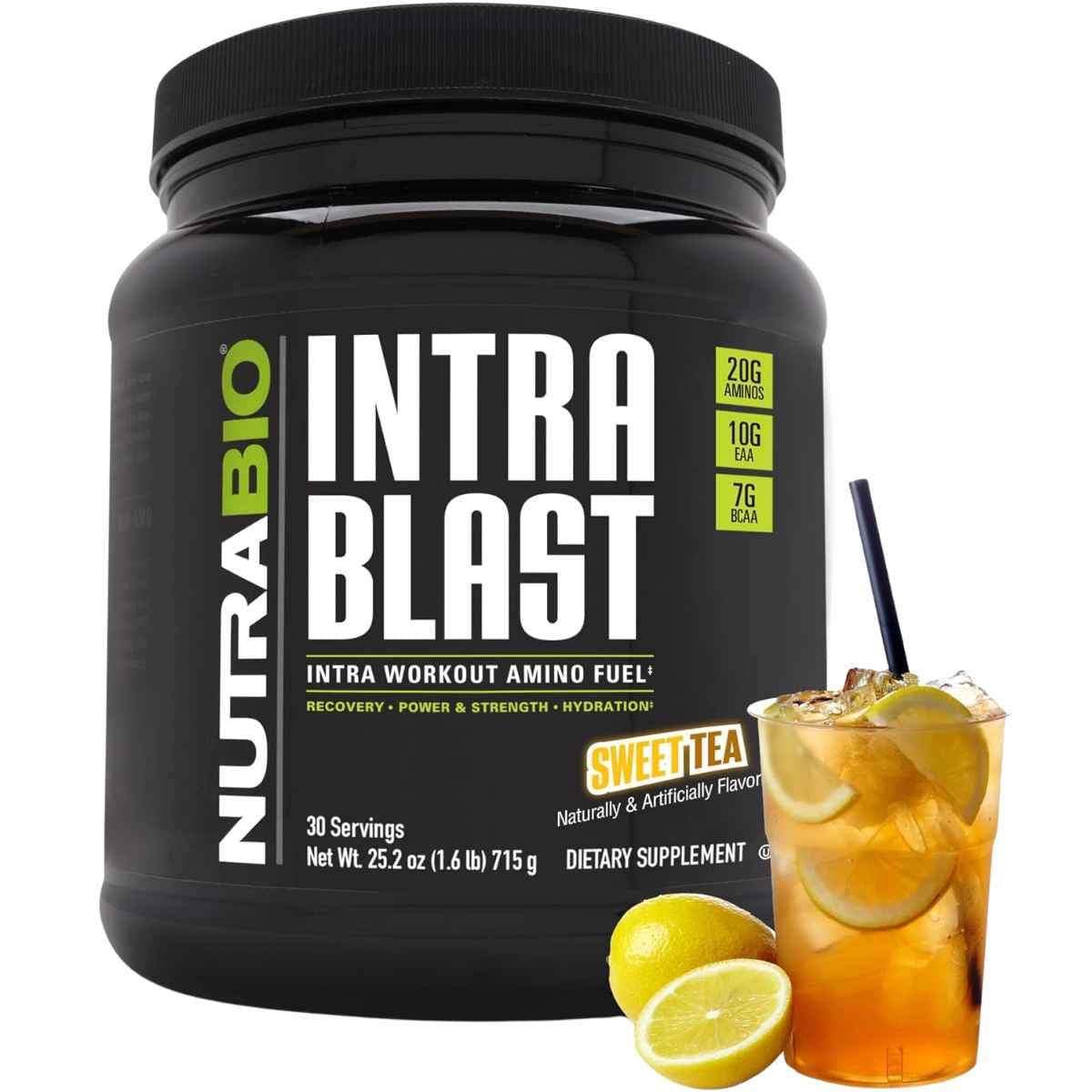 Frasco de suplemento NutraBio Intra Blast Aminoácidos Intra-Entreno sabor Té Dulce 715 g