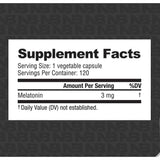 Etiqueta completa de NutraBio melatonina de 3 mg con información del suplemento, modo de uso y advertencias