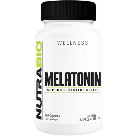 Frasco frontal de NutraBio melatonina de 3 mg, presentación de 120 cápsulas