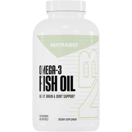 Frasco frontal de NutraBio Omega-3 Fish Oil, presentación de 400 cápsulas blandas y 200 porciones.