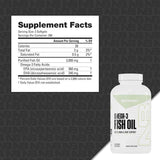Imagen de NutraBio Omega-3 Fish Oil con tabla de suplementos para la presentación de 400 cápsulas blandas. Muestra porción de 2 cápsulas blandas, 200 porciones por envase, aceite de pescado purificado, EPA y DHA.