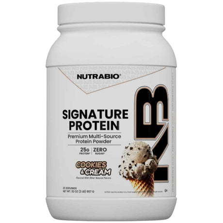 Envase NutraBio Signature Protein 2 lb sabor galletas y crema