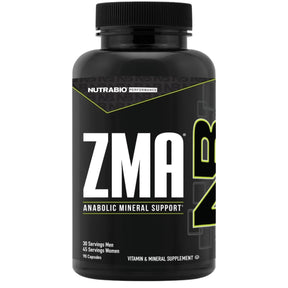 Frasco frontal de NutraBio ZMA con magnesio, zinc y vitamina B6, 90 cápsulas