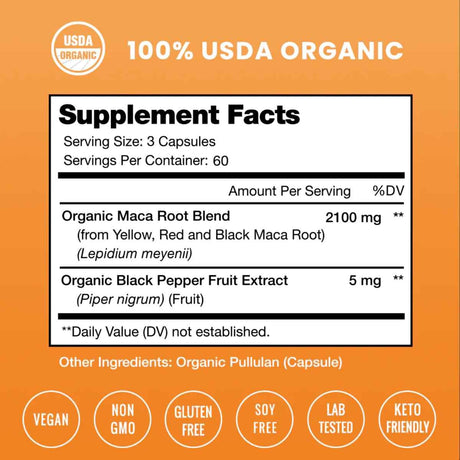 Tabla nutricional del suplemento NutraChamps Maca Peruana Orgánica 180 cápsulas