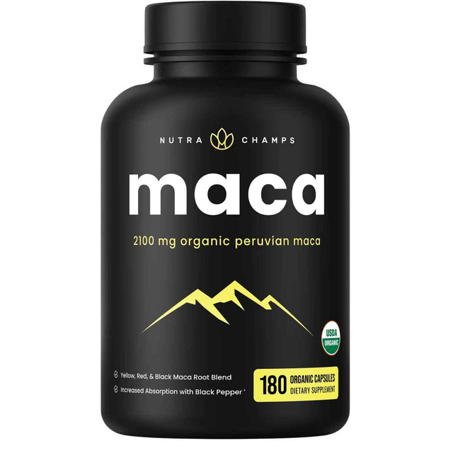 Frasco de suplemento NutraChamps Maca Peruana Orgánica 180 cápsulas