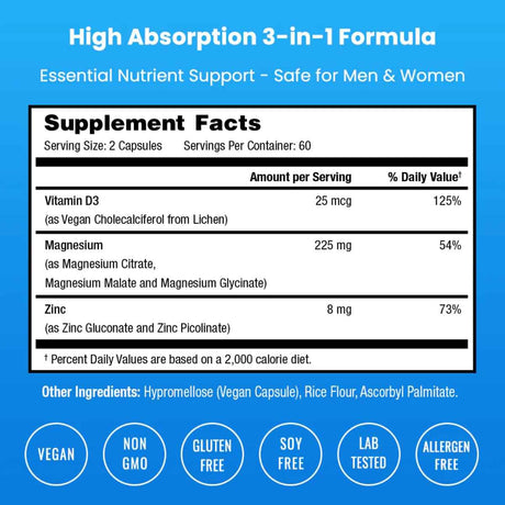 Tabla nutricional del suplemento NutraChamps Magnesio, Zinc y Vitamina D3 120 cápsulas.