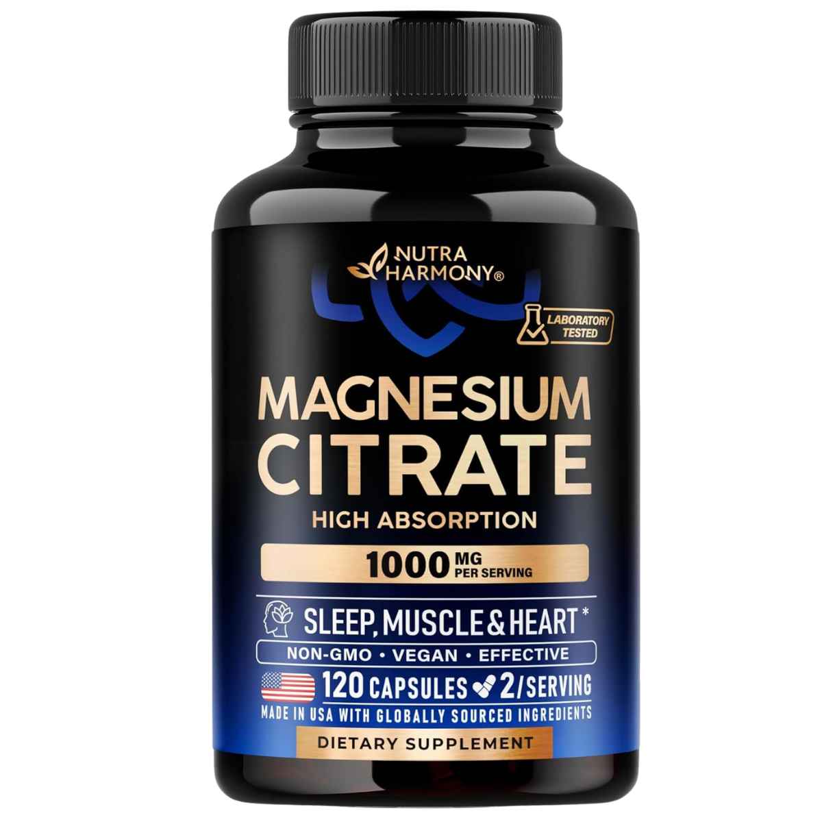 Frasco de complejo de magnesio en cápsulas de la marca NUTRAHARMONY, presentación de 120 cápsulas