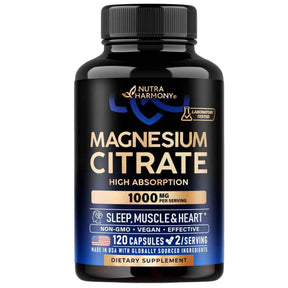 Frasco de complejo de magnesio en cápsulas de la marca NUTRAHARMONY, presentación de 120 cápsulas