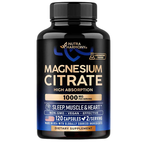 Frasco de complejo de magnesio en cápsulas de la marca NUTRAHARMONY, presentación de 120 cápsulas