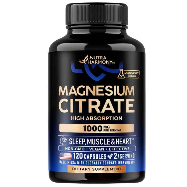 Frasco de complejo de magnesio en cápsulas de la marca NUTRAHARMONY, presentación de 120 cápsulas
