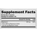 Tabla nutricional del suplemento NUTRAHARMONY complejo de magnesio con información de ingredientes y cantidad por porción