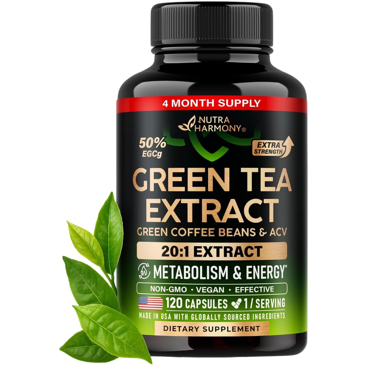 Frasco frontal de NUTRAHARMONY Green Tea Extract 20:1 con 50% de EGCG, presentación de 120 cápsulas.