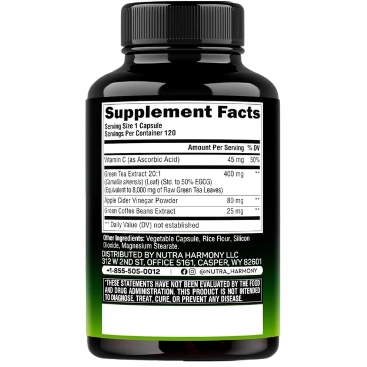 Etiqueta posterior de NUTRAHARMONY Green Tea Extract con información del suplemento y modo de uso.