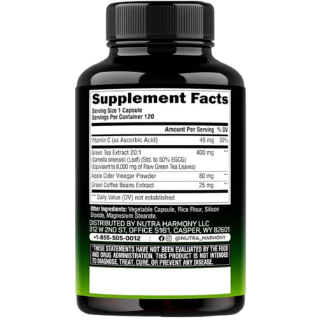 Etiqueta posterior de NUTRAHARMONY Green Tea Extract con información del suplemento y modo de uso.