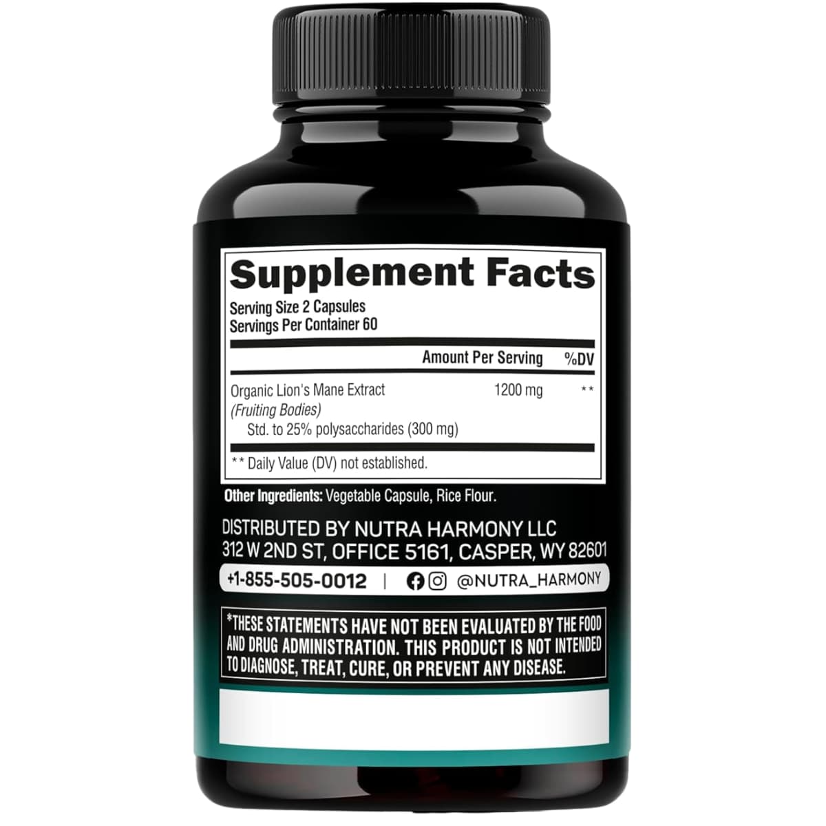 Etiqueta de suplemento de NUTRAHARMONY Melena de León 120 cápsulas con porción e ingredientes
