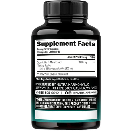 Etiqueta de suplemento de NUTRAHARMONY Melena de León 120 cápsulas con porción e ingredientes