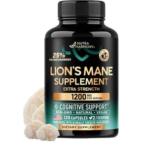 Frasco frontal de NUTRAHARMONY Melena de León 1200 mg en presentación de 120 cápsulas