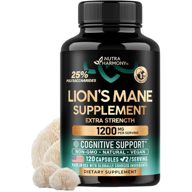 Frasco frontal de NUTRAHARMONY Melena de León 1200 mg en presentación de 120 cápsulas