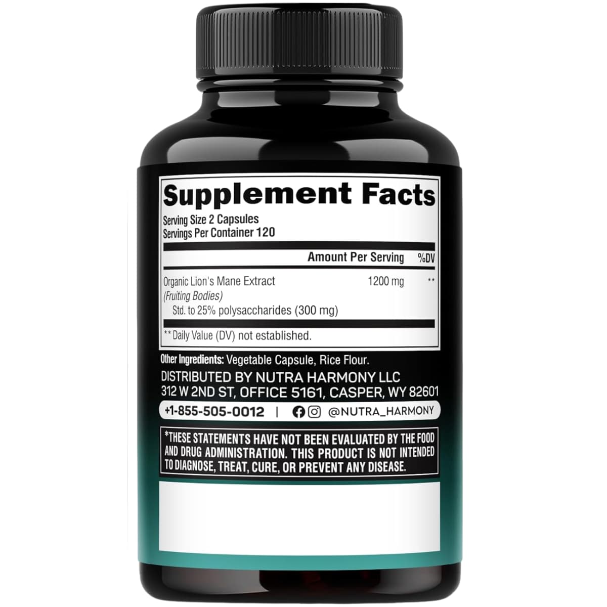 Etiqueta de suplemento de NUTRAHARMONY Melena de León 240 cápsulas con porción e ingredientes