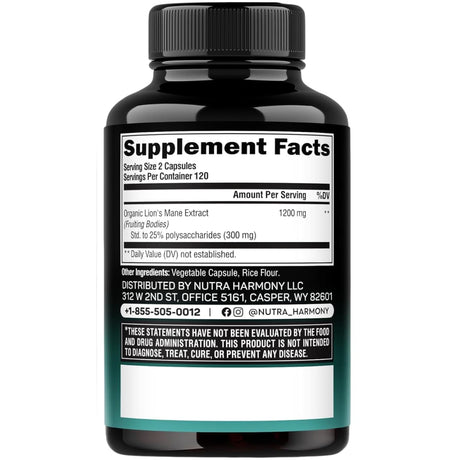 Etiqueta de suplemento de NUTRAHARMONY Melena de León 240 cápsulas con porción e ingredientes