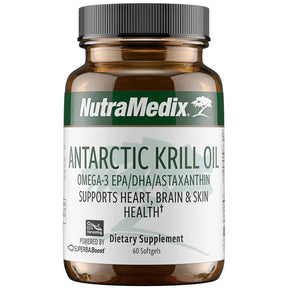 Frasco frontal de NutraMedix Aceite de krill antártico con omega 3, presentación de 60 cápsulas blandas