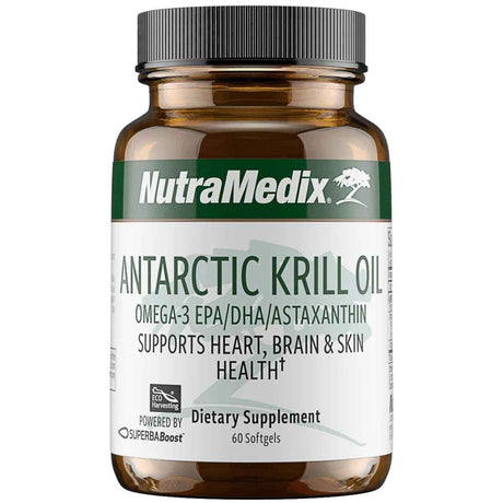 Frasco frontal de NutraMedix Aceite de krill antártico con omega 3, presentación de 60 cápsulas blandas