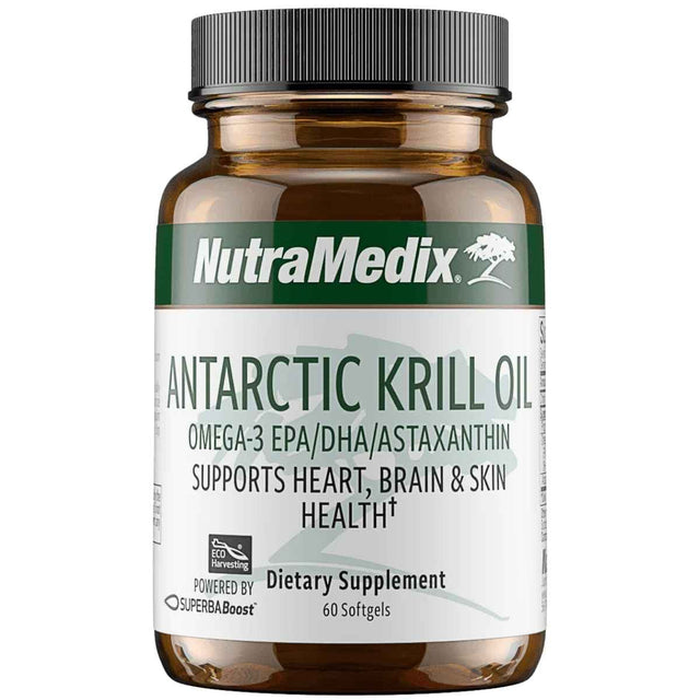Frasco frontal de NutraMedix Aceite de krill antártico con omega 3, presentación de 60 cápsulas blandas