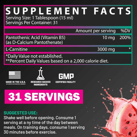 Tabla nutricional del suplemento Nutrex Research L-Carnitina sabor Fresa Sandía 3000 mg 465 ml Líquido