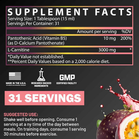 Tabla nutricional del suplemento Nutrex Research L-Carnitina sabor Maracuyá Guayaba 3000 mg 465 ml Líquido