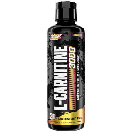 Frasco de suplemento Nutrex Research L-Carnitina sabor Maracuyá Guayaba 3000 mg 465 ml Líquido