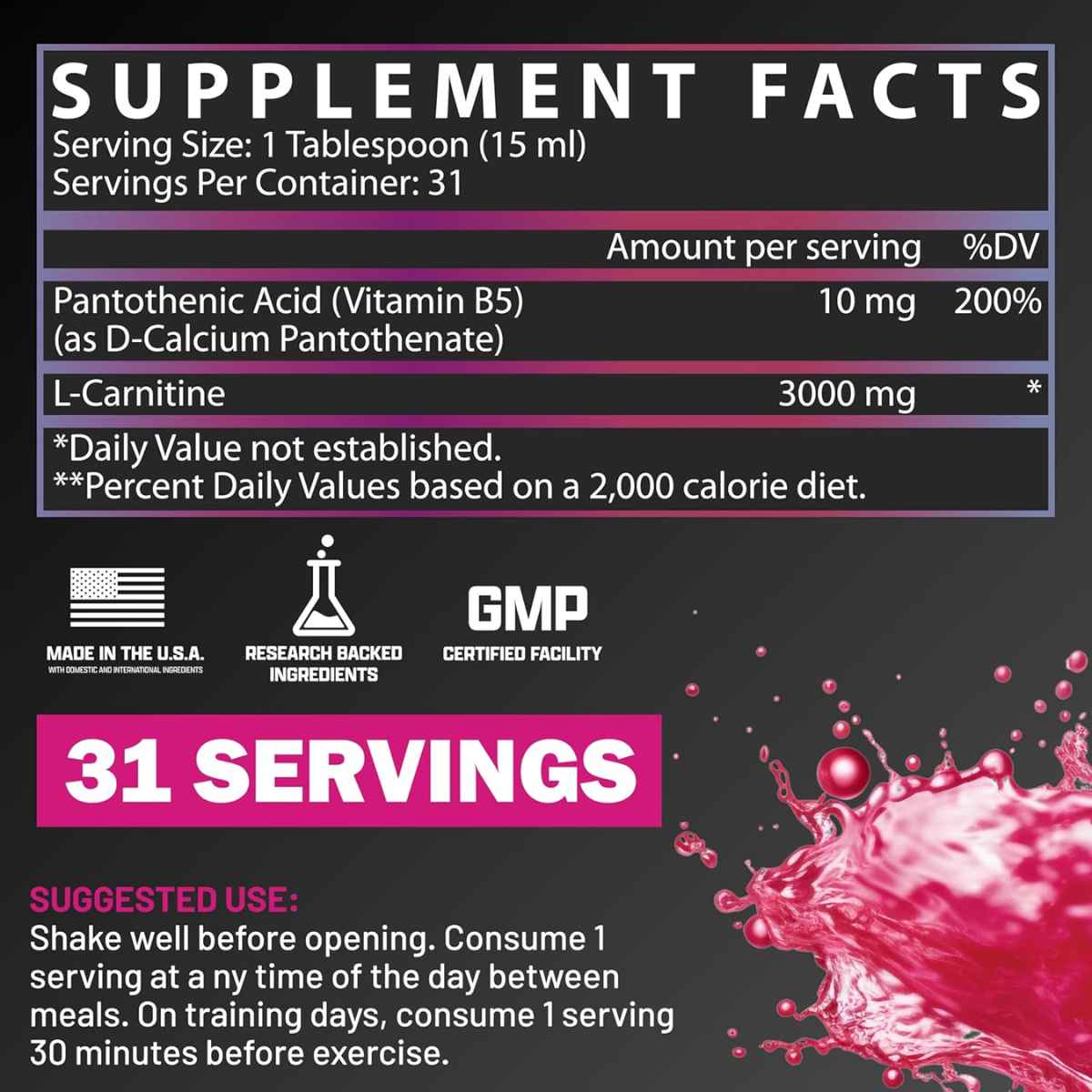 Tabla nutricional del suplemento Nutrex Research L-Carnitina sabor Mezcla de Bayas 3000 mg 465 ml Líquido
